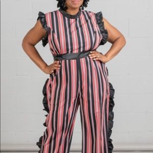 Striped jumpsuit with side ruffles